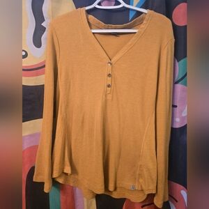 Women's Mustard Yellow Gold Long Sleeve Top Eddie Bauer XL Waffle Knit XL